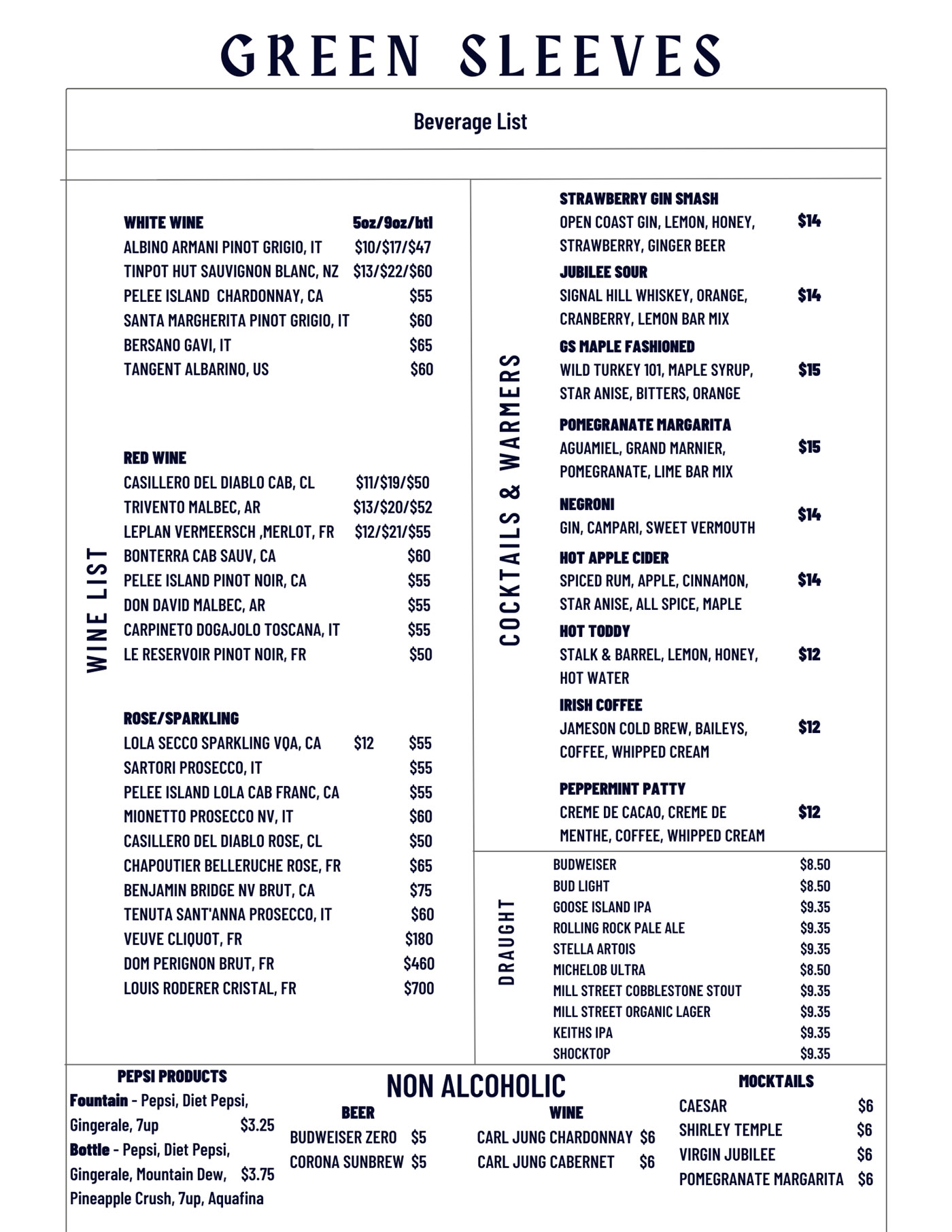 Menu of alcoholic and non-alcoholic beverages at Green Sleeves Pub & Eatery on George Street